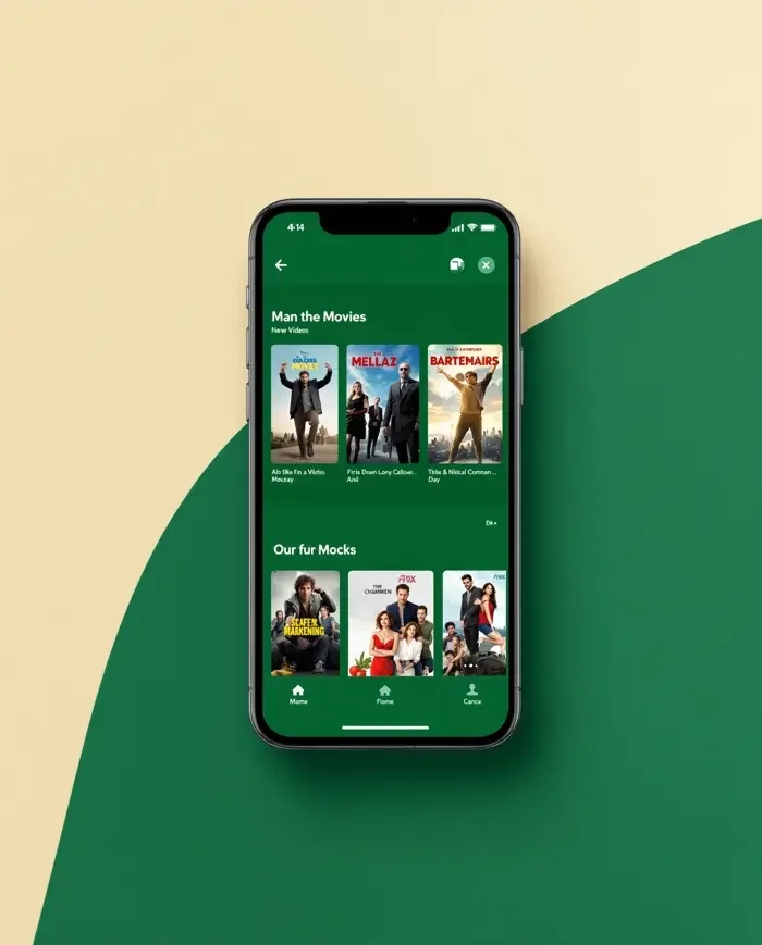 桃花电影 App 界面示意：温暖的奶油色剧集卡片与黄果装饰
